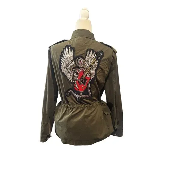 Zadig & Voltaire Kayak Bis Khaki Jacket Green Skull Guitar Angel on Back (S) - Picture 2 of 8